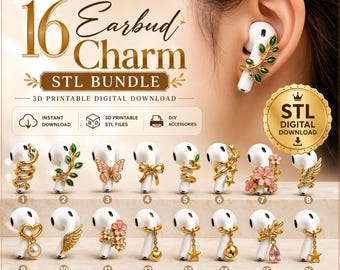 May include: A digital download bundle of 16 gold-toned earbud charms featuring various designs including leaves, butterflies, flowers, stars, hearts, and wings. The image displays the text 16 Earbud Charm STL BUNDLE and 3D PRINTABLE DIGITAL DOWNLOAD.
