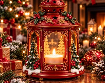 May include: A red metal candle lantern featuring a domed top with star cutouts, gold filigree accents, and holly berry decorations. Inside, a white tea light candle sits between two miniature green Christmas trees with snow.