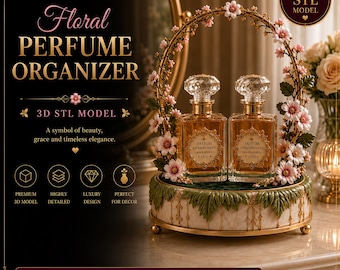 May include: A 3D STL model of a floral perfume organiser featuring two rectangular glass perfume bottles with faceted crystal stoppers. The bottles sit on a circular base decorated with green leaves and gold accents, framed by an arch of pink flowers.