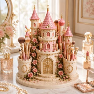 May include: A castle-shaped makeup brush organizer featuring cream-colored stone walls, pink conical roofs, and gold-toned arched doors. The structure is adorned with sculpted pink roses and green vines, with multiple cylindrical towers serving as holders for various makeup brushes.