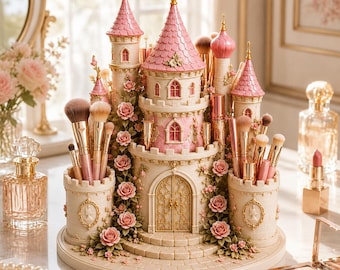May include: A castle-shaped makeup brush organiser featuring cream-coloured stone walls, pink conical roofs, and gold-toned arched doors. The structure is adorned with sculpted pink roses and green vines, with multiple cylindrical towers serving as holders for various makeup brushes.