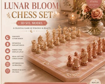May include: A Lunar Bloom chess set 3D STL model featuring a light pink and white chequered board with ornate, detailed chess pieces. The board and pieces are decorated with celestial moon motifs. Text on the image includes Lunar Bloom Chess Set.