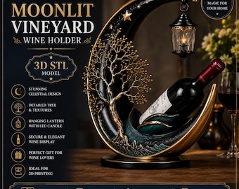 May include: A crescent moon-shaped wine holder featuring a gold-coloured tree, a hanging black lantern with an LED light, and a dark base. The text reads Moonlit Vineyard Wine Holder, 3D STL Model, and lists features including celestial design and LED candle.