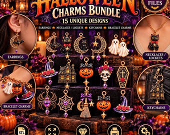 May include: A digital bundle of 15 Halloween-themed 3D STL files for charms, featuring designs like a black cat, ghost, pumpkin, skull, spider web, and witch hat. These models are intended for 3D printing to create earrings, necklaces, keychains, and bracelets.