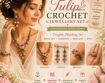 May include: A crochet jewellery set featuring pink tulip motifs with green leaves. The set includes a necklace, earrings, a bracelet, and a ring. The text reads Tulip Crochet Jewellery Set, Crochet Pattern, Step-by-Step Tutorial, and Beginner Friendly.