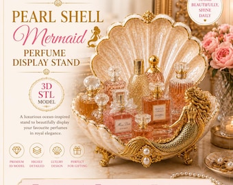 May include: A cream-coloured shell-shaped perfume display stand featuring a gold mermaid figure on the side, ornate gold feet, and pearl accents. The stand holds multiple glass perfume bottles. Text includes PEARL SHELL Mermaid PERFUME DISPLAY STAND.
