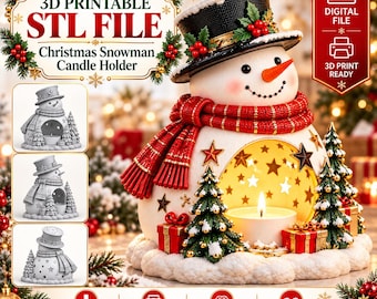 May include: A 3D printable STL file for a Christmas snowman candle holder. The snowman wears a black top hat with holly, a red scarf, and features a hollow centre with star cutouts, flanked by two small Christmas trees and gift boxes.