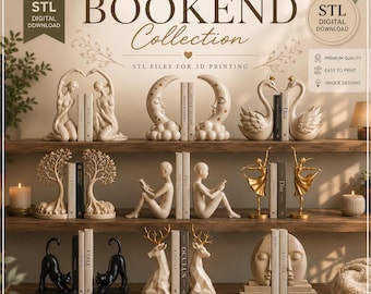 May include: A collection of nine decorative bookend designs for 3D printing, including figures of kneeling people, crescent moons, swans, trees, reading figures, dancers, black cats, deer, and faces, all displayed on wooden shelves with text.