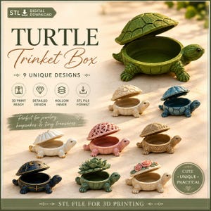May include: A digital download for 3D printing featuring nine turtle trinket boxes. The designs include various colors and shell patterns, such as a black turtle with moon motifs, a green succulent shell, and a pink turtle with a floral top.