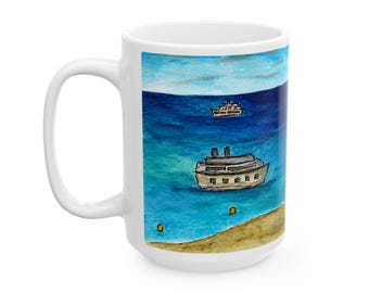 Coastal Watercolor Beach Scene Ceramic Mug – Ocean Waves, Boats, Seaside Art