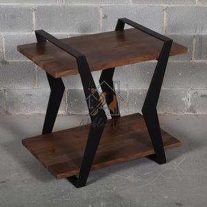 Industrial Wood & Metal End Table | Modern Geometric 2-Tier Side Table | Rustic Bedside Nightstand | Minimalist Accent Sofa Table