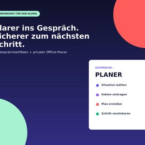 Pode incluir: Um gráfico informativo azul-escuro com o texto FÜHRUNGSKIT FÜR DEN ALLTAG, Klarer ins Gespräch. Sicherer zum nächsten Schritt. 25 Gesprächsleitfäden + privater Offline-Planer. Uma caixa branca exibe GESPRÄCHS-PLANER com quatro passos em lista.