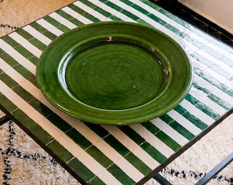 Moroccan Ceramic Plate Green Glaze Pottery Pedestal Serving Dish