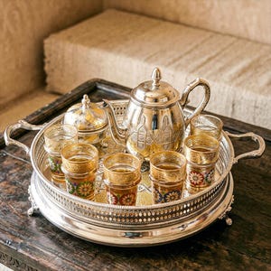 15 Piece Moroccan Tea Set, Large Oval Serving Tray with Engraved Teapot and Sugar Bowl, 12 Enamel Glasses for Tea