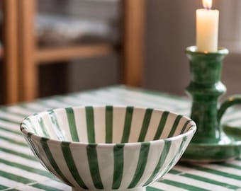 Moroccan Ceramic Bowl Hand Painted Green Stripe Pottery Serving Dish