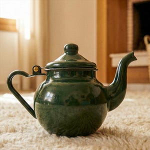 Puede incluir: Una tetera de esmalte verde oscuro con un asa y un pico curvos. La tetera tiene una tapa con un pequeño pomo y un asa con bisagras. La tetera está sobre una alfombra color crema. Es un artículo de cocina.