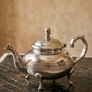 Könnte beinhalten: Eine silberne Teekanne mit einem verzierten Design, einschließlich eines gebogenen Griffs und Ausgusses. Die Teekanne hat einen Deckel mit einem kleinen Knopf und steht auf drei kleinen Füßen. Die Oberfläche ist reflektierend, und der Hintergrund ist neutral.