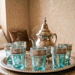 May include: A silver tea set with a teapot and six small glasses on a silver tray. The glasses are clear with a turquoise tint and ornate gold rims. Steam rises from the teapot, suggesting hot tea. The setting is warm and inviting.