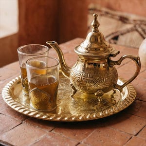 Mini Moroccan Tea Set for Two, Engraved Brass Teapot with Glasses and Small Tray