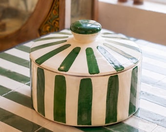 Moroccan Ceramic Jar Hand Painted Striped Pottery Sugar Bowl