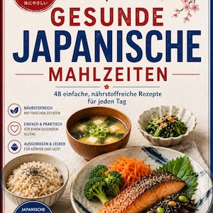 May include: A cookbook titled GESUNDE JAPANISCHE MAHLZEITEN featuring a photo of a meal with grilled salmon, broccoli, carrots, edamame, rice, and miso soup. The cover includes text, a Tokyo logo, and cherry blossom illustrations at the top corners.