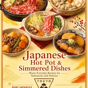 Kokbok för japanska rätter med grytor och sjudna rätter i PDF-format, 26 enkla recept på Nabemono och Nimono, digital receptbok på engelska