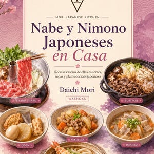 May include: A cookbook titled Nabe y Nimono Japoneses en Casa by Daichi Mori, featuring a light purple background with cherry blossom illustrations. The cover displays six bowls of Japanese dishes including shabu-shabu, sukiyaki, oden, nikujaga, tonjiru, and nabeyaki udon.