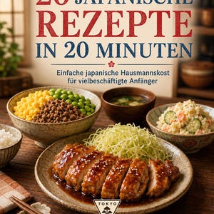 Pode incluir: Um livro de culinária intitulado 20 JAPANISCHE REZEPTE IN 20 MINUTEN com um prato principal de carne fatiada e glaceada com repolho ralado, uma tigela de carne moída com milho e ervilhas, salada de batata e uma sopa com pauzinhos.