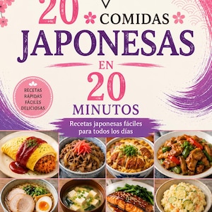May include: A cookbook titled 20 Comidas Japonesas en 20 Minutos by Daichi Mori. The cover features a cream background with pink cherry blossoms, a Tokyo logo, and eight photographs of Japanese dishes including ramen, miso soup, and rice bowls.