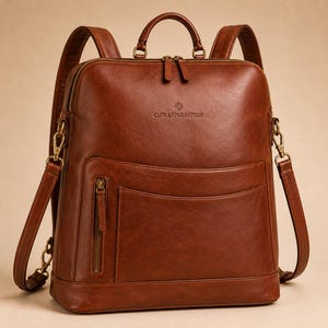 Peut inclure: Un sac à dos en cuir marron doté d'une poignée supérieure, de bretelles réglables et de ferrures en métal doré. L'avant comprend une poche zippée verticale et une poche ouverte. Le texte CUIR EXPLORATEUR est embossé sur le haut du sac.