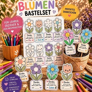 Puede incluir: Un kit de manualidades de flores con hojas imprimibles que muestran ilustraciones de flores tipo dibujos animados y notas de agradecimiento en alemán. Incluye lápices de colores, un portalápices de madera y una planta en maceta.