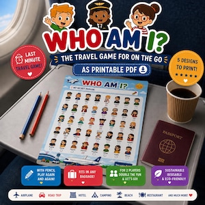 Könnte beinhalten: Ein Who Am I? Reisespiel als druckbares PDF mit einem Raster aus Zeichentrickfiguren, zwei Stiften und einem Reisepass. Das Spielblatt enthält Flugzeuggrafiken und Textbeschriftungen für verschiedene Reiseorte wie Flugzeug, Auto und Hotel.