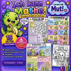 Peut inclure: Une feuille de travail éducative colorée pour enfants avec le texte "Ich kann Mathe!" (Je peux faire des maths !). Elle présente un dinosaure de dessin animé, des problèmes de maths et la phrase "PDF Dateien SOFORT-DOWNLOAD".