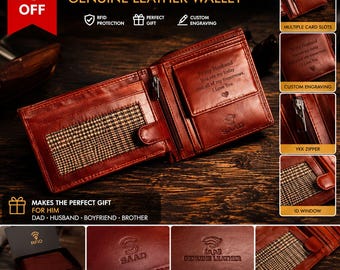 Personalized Genuine Leather Bifold Wallet, Custom Engraved RFID Blocking, Gift for Him