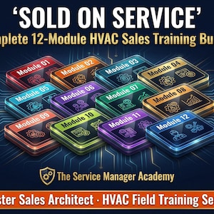 Può includere: Una pubblicità per un pacchetto di formazione alle vendite HVAC a 12 moduli. I moduli sono visualizzati come icone quadrate colorate e luminose con numeri e icone. Il testo recita "SOLD ON SERVICE" e "The Service Manager Academy."