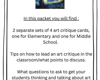 Art Critique cards (Elementary & Middle School) Set of 4 cards each with discussion topics