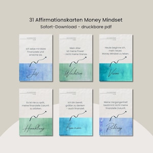 May include: A collection of six affirmation cards with watercolor backgrounds in blue and green. Each card features a motivational phrase and a handwritten word in German, such as "Jetzt" and "Wachstum", with an upward arrow graphic.