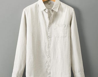Men's Linen Cotton Button Down Shirt, Lightweight Long Sleeve Casual Summer Top