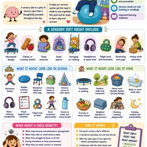 Può includere: Un'infografica educativa intitolata What Is A Sensory Diet? con illustrazioni di bambini che svolgono varie attività. Spiega i piani di supporto sensoriale, le strategie per la scuola e la casa, i benefici e il funzionamento per il sistema nervoso.