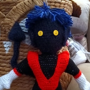 Nightcrawler (Kurt Wagner), a handmade crochet doll