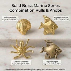 May include: Four solid brass marine-themed cabinet pulls and knobs. The collection includes a polished shell (1.06 in high, 0.98 in wide), an angelfish (1.57 in high, 1.38 in wide), an octopus (1.50 in high, 1.89 in wide), and an aged angelfish (1.57 in high, 1.38 in wide).