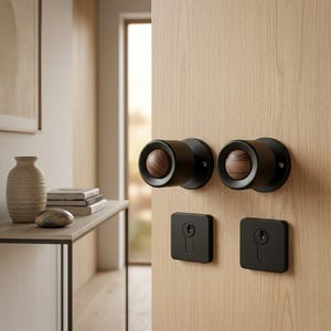 May include: Two round door knobs with matte black cylindrical housings and circular wooden centers, paired with two square matte black keyhole escutcheons, all mounted on a light-colored wood door with a visible vertical grain pattern.