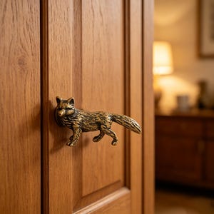Puede incluir: Un tirador de puerta de metal color latón con forma de zorro de pie y acabado texturizado y desgastado. La figura del zorro está montada horizontalmente en un panel de puerta de madera vertical, sirviendo como agarre para abrir la puerta.