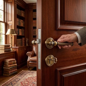 May include: A dark brown wooden door featuring a brass lever handle and a matching circular keyhole plate with a key inserted. The door hardware has a decorative beaded edge design, and the door is shown in a partially open position.
