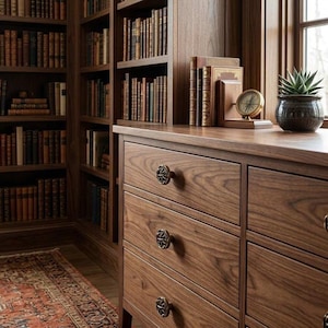 May include: A dark wood dresser with three drawers, each featuring a bronze knob. The dresser is in a room with a bookshelf filled with books. A small potted plant and a compass sit on the dresser top.