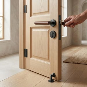 Pode incluir: Uma porta de madeira clara com um puxador horizontal que apresenta uma pega de madeira castanho-escura e detalhes em metal preto. A porta inclui um espelho de fechadura circular preto, dobradiças pretas e um batente de porta metálico.