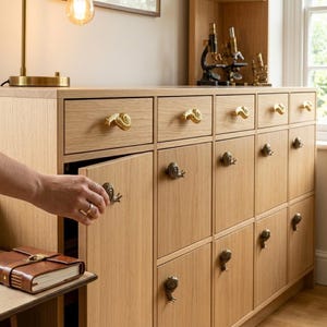 Può includere: Un mobile in legno di rovere chiaro dotato di molteplici cassetti e ante, ciascuno dotato di un pomello metallico a forma di lumaca. Il mobile presenta una finitura con venature del legno naturali e un design a griglia strutturato.