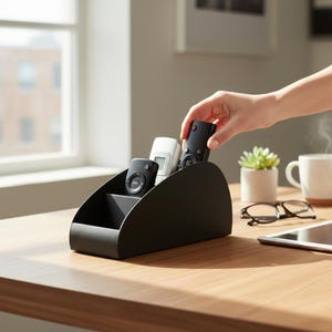 May include: A matte black desktop organizer with a curved side profile, featuring three interior compartments. The organizer holds two remote controls, one black and one white, while a hand places a third black remote into the storage unit.