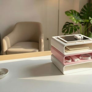 May include: A stack of three rectangular, open-front storage organizers with rounded corners. The top and bottom units are white, while the middle unit is light pink. A tablet, white wireless earbuds, and charging cables are placed on top.