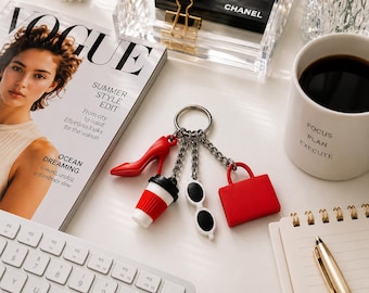 Devil Wears Prada Inspired Keychain | Fashion Keychain Set | Coffee Cup Heel Sunglasses Charm | Gift for Fashion Lovers